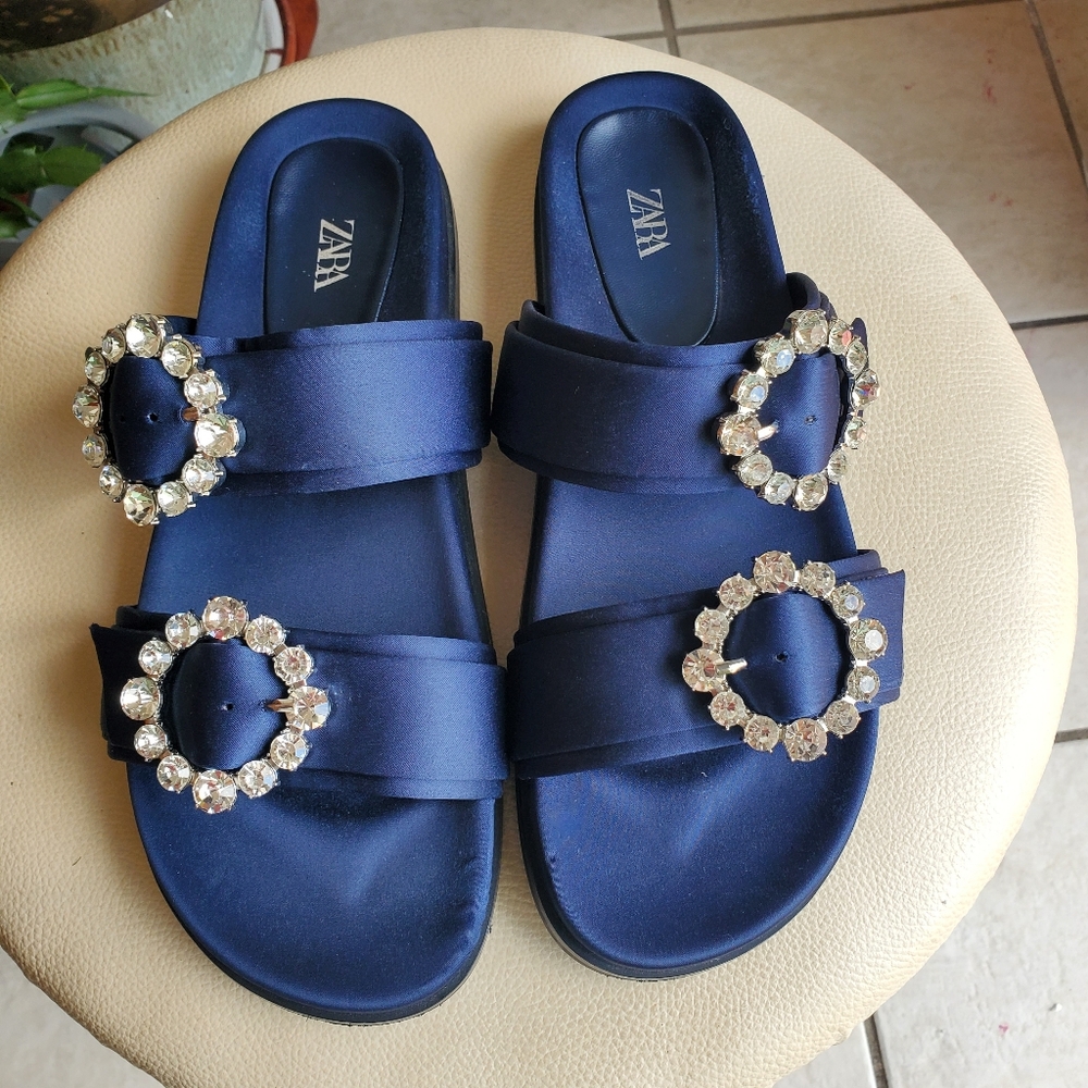 Zara Women's Navy Sandals with Crystal Accents